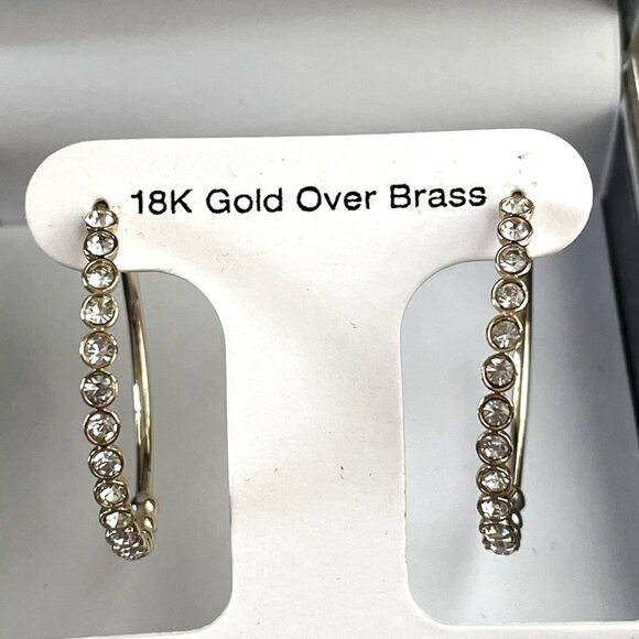 NEW And Now This High Polished Clear Crystal Duo C Hoop Earring Pair, Gold Plate - Picture 2 of 4